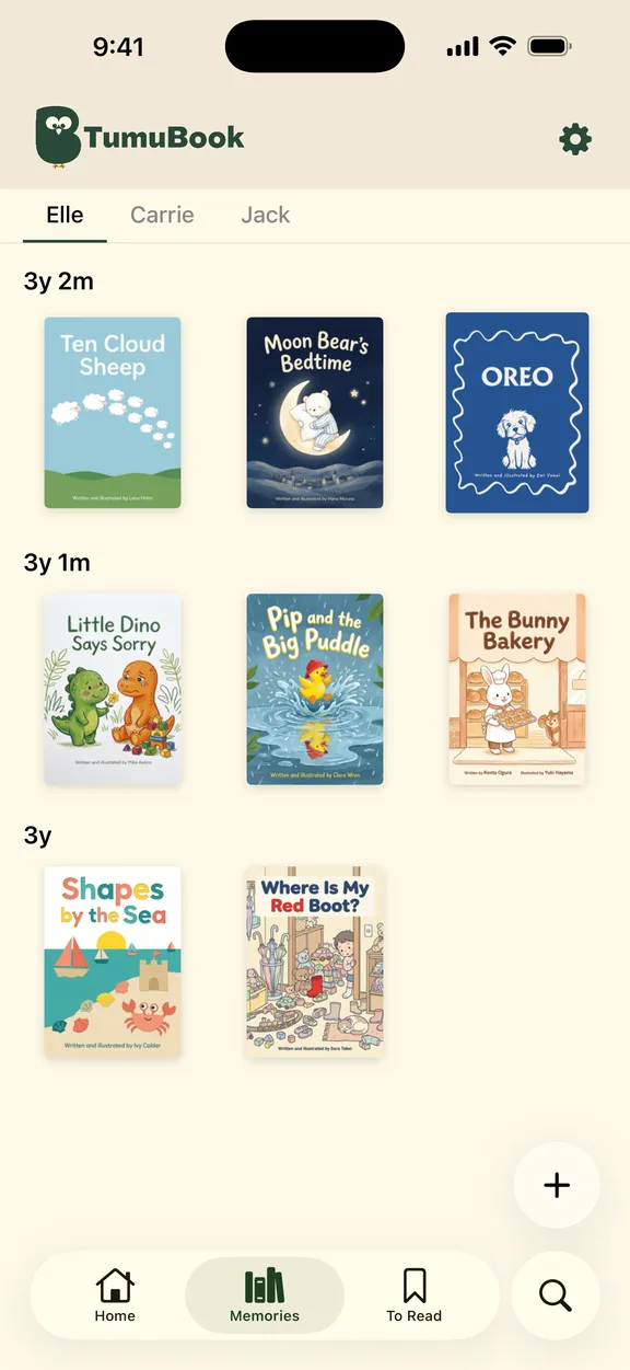 The Read tab, with books grouped by the child’s age