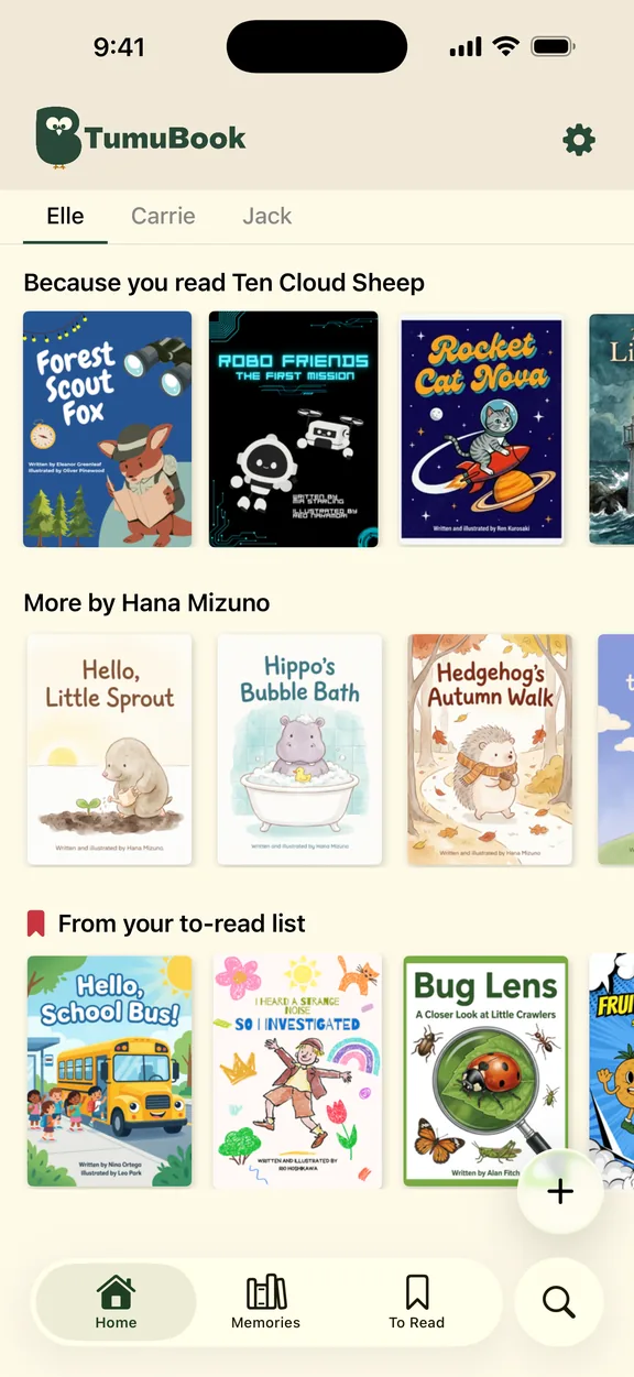 The Home tab, with next-book picks based on what the child has read